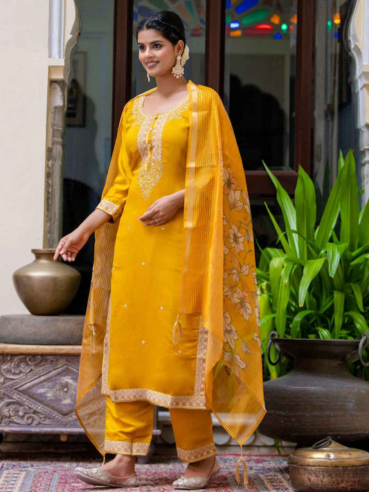 Akshara Women’s Viscose Roman Silk Embroidery Straight Kurta Pant with Dupatta Set