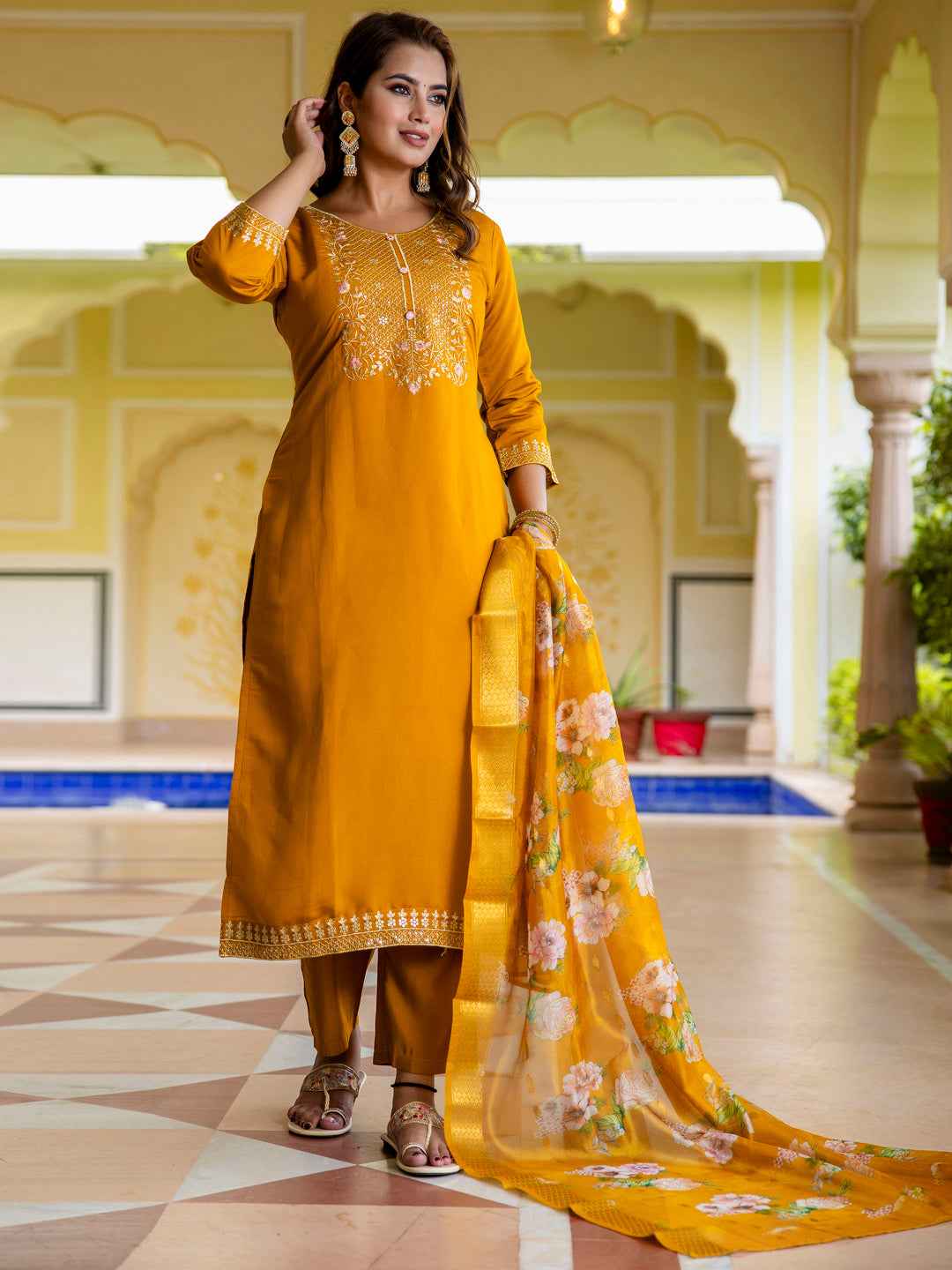 Alisha Women’s Viscose Roman Silk Embroidery Straight Kurta Pant with Dupatta Set