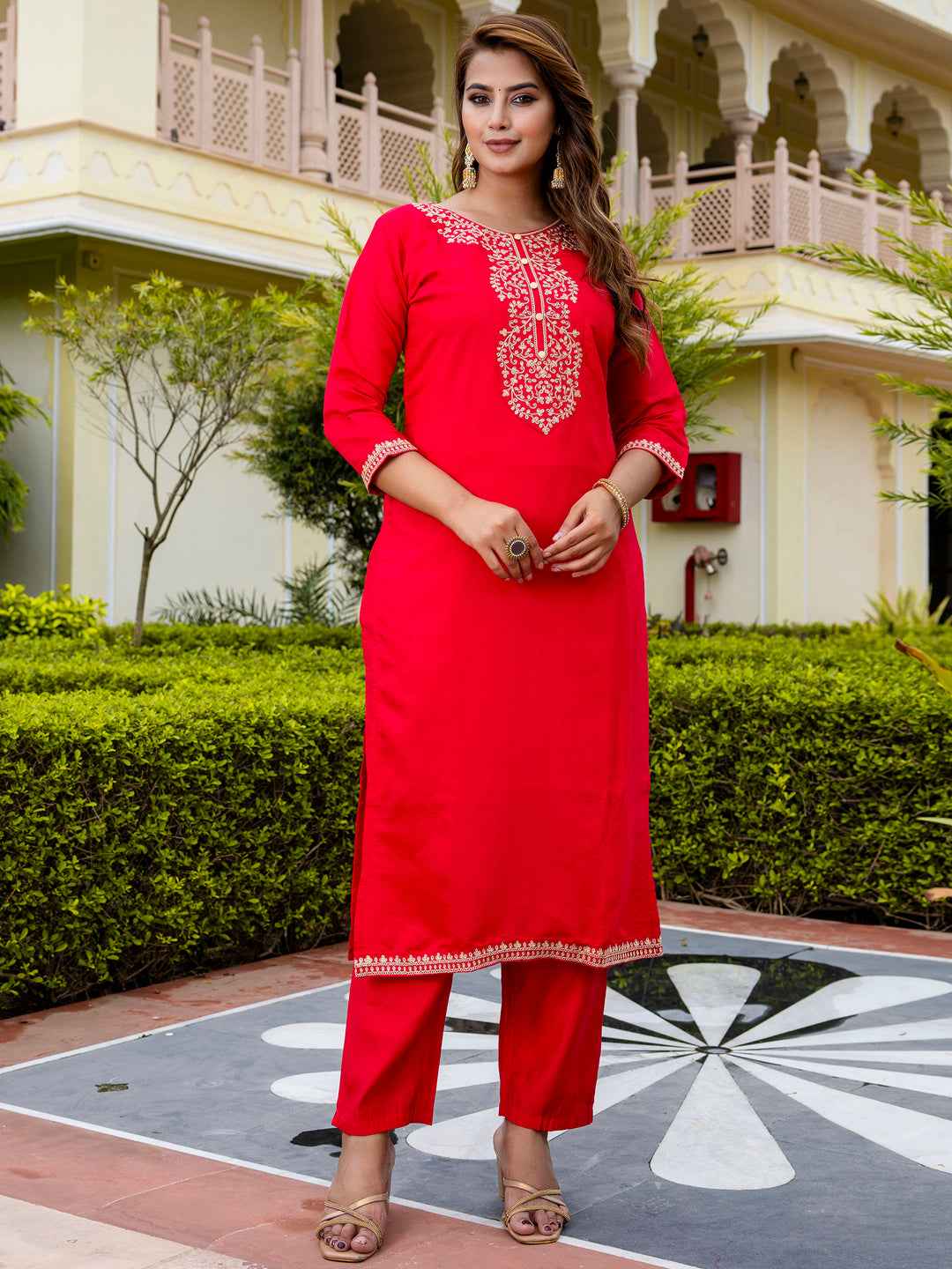 Ankita Women’s Viscose Roman Silk Embroidery Straight Kurta Pant with Dupatta Set