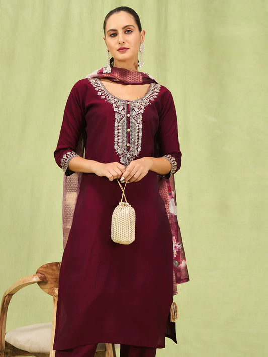 Megha Women’s Viscose Roman Silk Embroidery Straight Kurta Pant with Dupatta Set - FitVibe Fashion