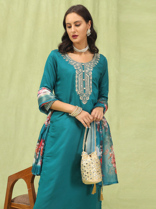 Gauri Women’s Viscose Roman Silk Embroidery Straight Kurta Pant with Dupatta Set - FitVibe Fashion