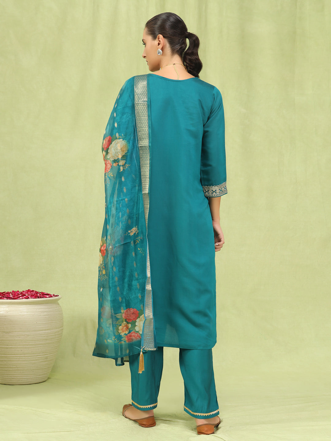 Veena Women’s Viscose Roman Silk Embroidery Straight Kurta Pant with Dupatta Set - FitVibe Fashion