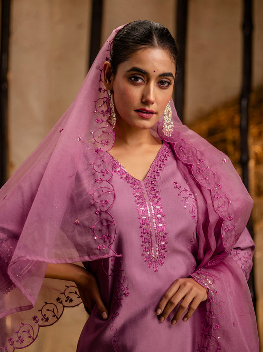 Silk Blend Women Embroidered Kurta And Pant Set With Dupatta Kurta Set For Women - FitVibe Fashion