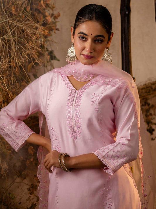 Silk Blend Women Embroidered Kurta And Pant Set With Dupatta Kurta Set For Women - FitVibe Fashion