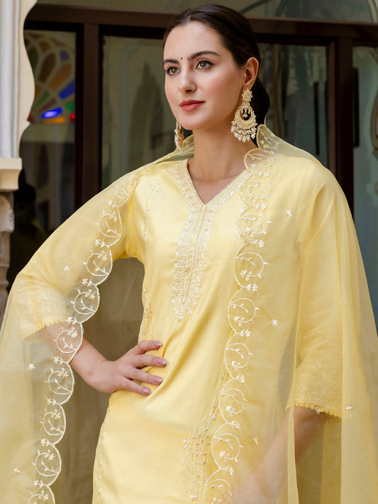 Silk Blend Women Embroidered Kurta And Pant Set With Dupatta - FitVibe Fashion