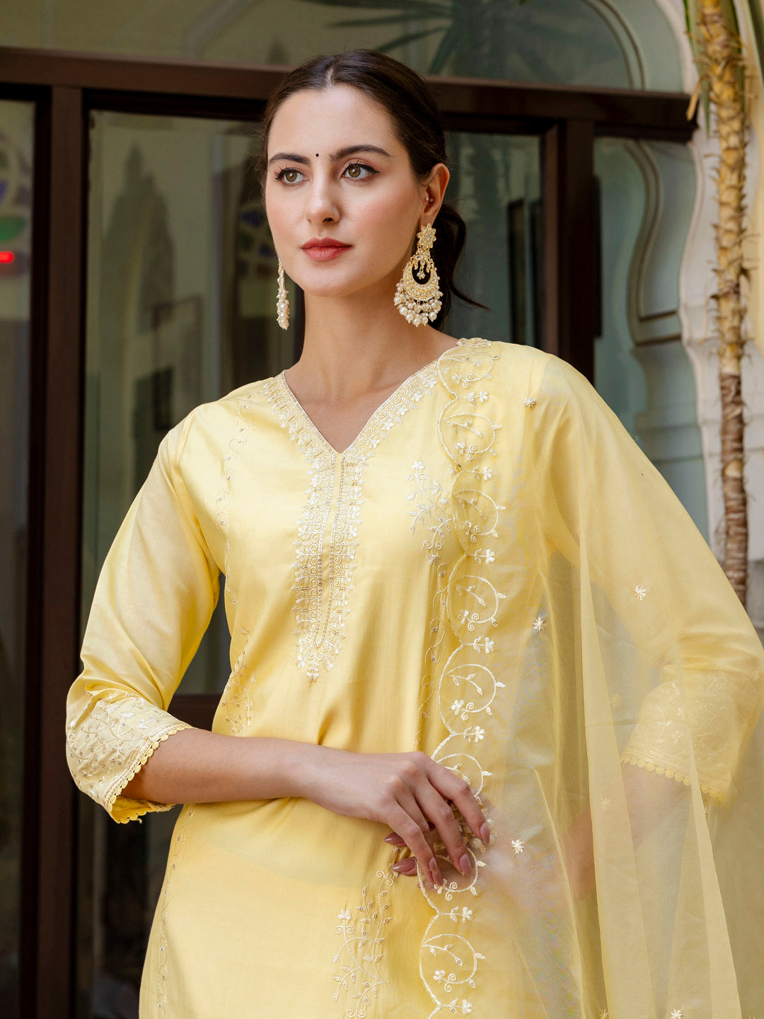 Silk Blend Women Embroidered Kurta And Pant Set With Dupatta - FitVibe Fashion