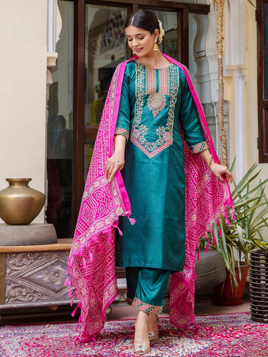 Embroidered Silk Blend Calf Length Straight Kurta Trouser with Dupatta Set - FitVibe Fashion