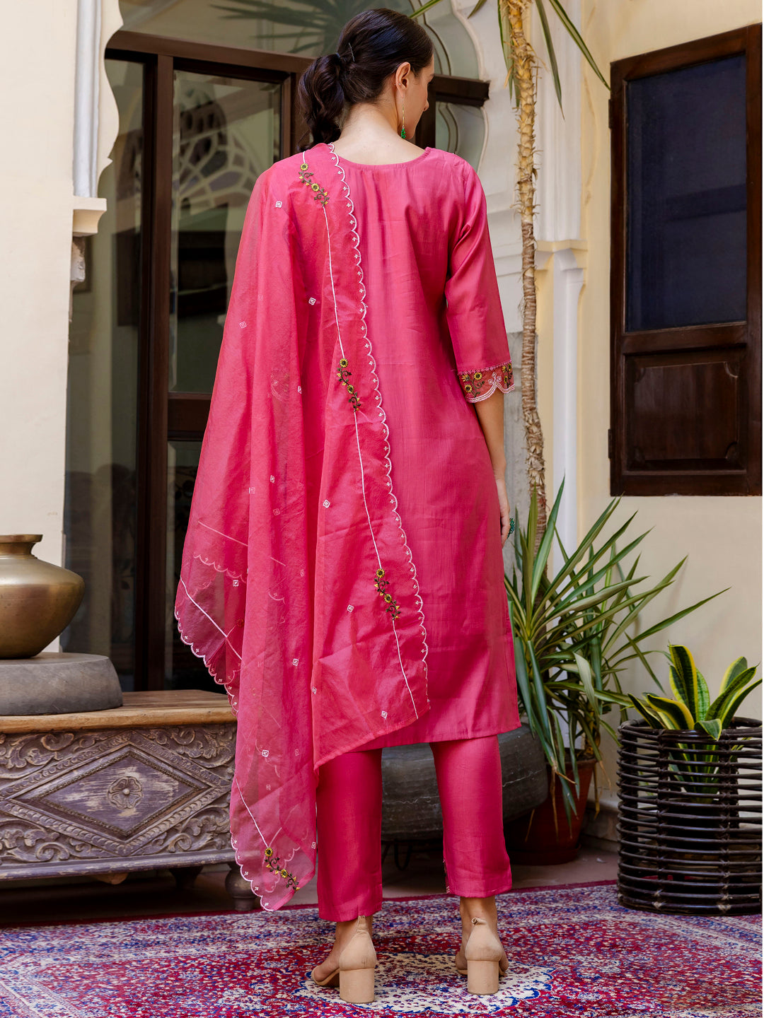 Kalki Pink Floral Embroidered Straight Kurta With Trouser And Dupatta - FitVibe Fashion
