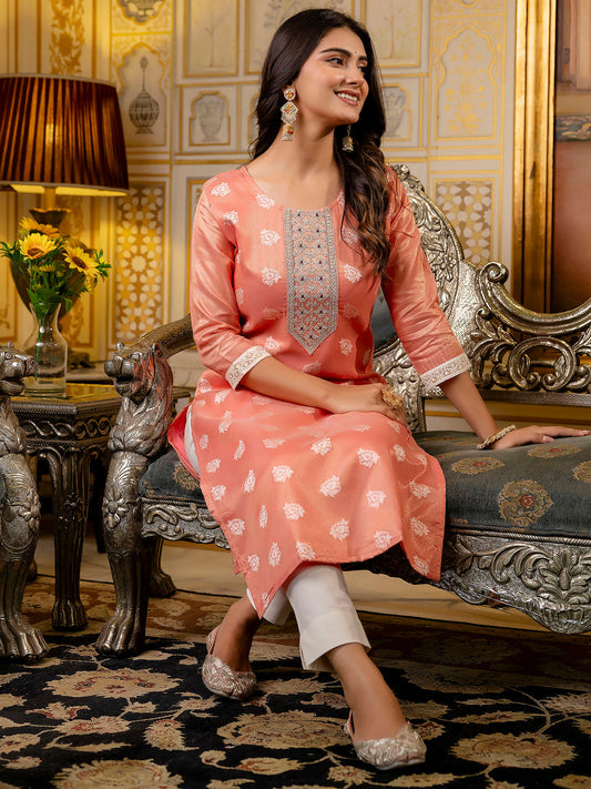 Women Embroidered Silk Blend Straight Kurta - FitVibe Fashion
