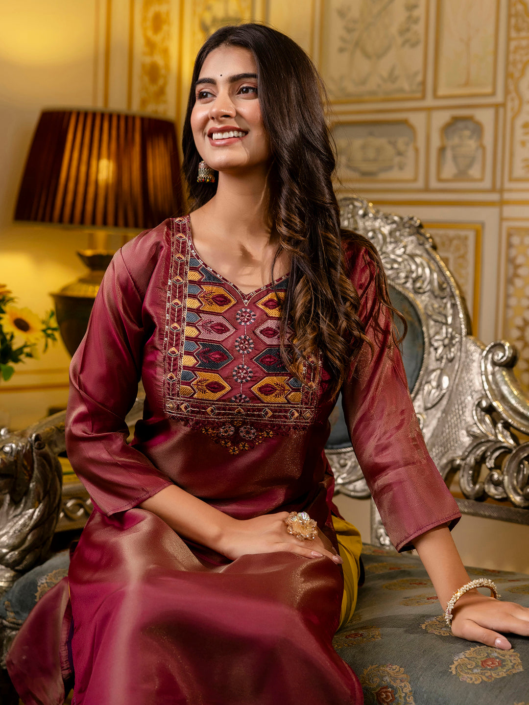 Women Embroidered shimmer Silk Blend Straight Kurta - FitVibe Fashion