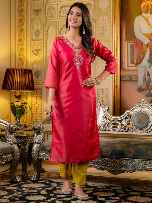 Women Embroidered shimmer Silk Blend Straight Kurta - FitVibe Fashion