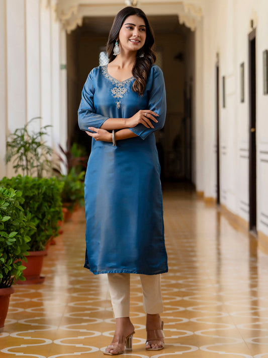 Women Embroidered shimmer Silk Blend Straight Kurta - FitVibe Fashion
