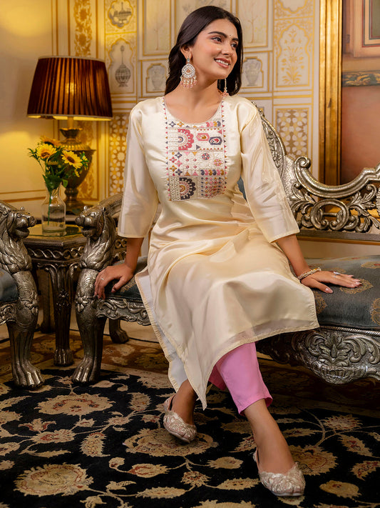 Women Embroidered shimmer Silk Blend Straight Kurta - FitVibe Fashion