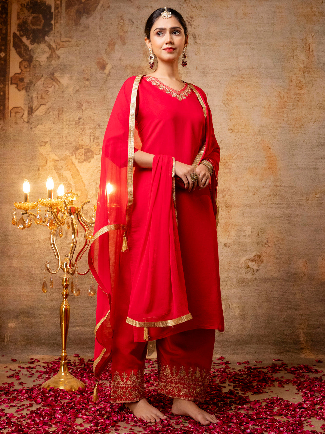 Pinaki Embroidered Silk Blend Calf Length Straight Kurta with Palazzo & Dupatta Set - FitVibe Fashion