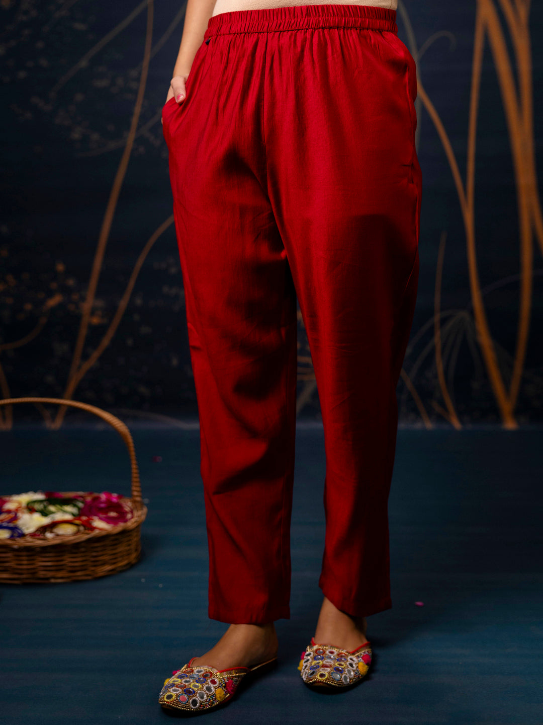 Women's Embroidered Silk Blend Calf Length Straight Kurta Trouser with Dupatta Set - FitVibe Fashion