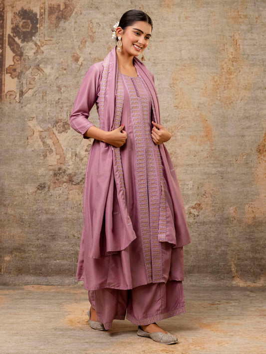 Women's Embroidered Silk Blend Calf Length Flare Kurta with Palazzo & Dupatta Set - FitVibe Fashion
