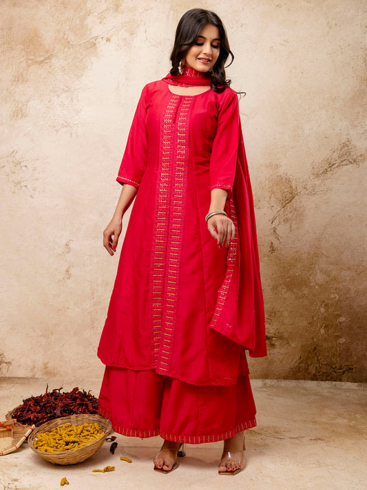 Women's Embroidered Silk Blend Calf Length Flare Kurta with Palazzo & Dupatta Set - FitVibe Fashion