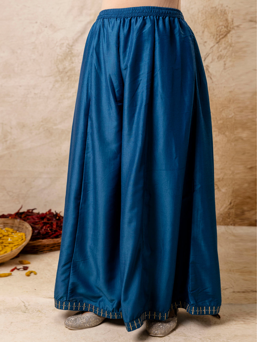 Women's Embroidered Silk Blend Calf Length Flare Kurta with Palazzo & Dupatta Set - FitVibe Fashion