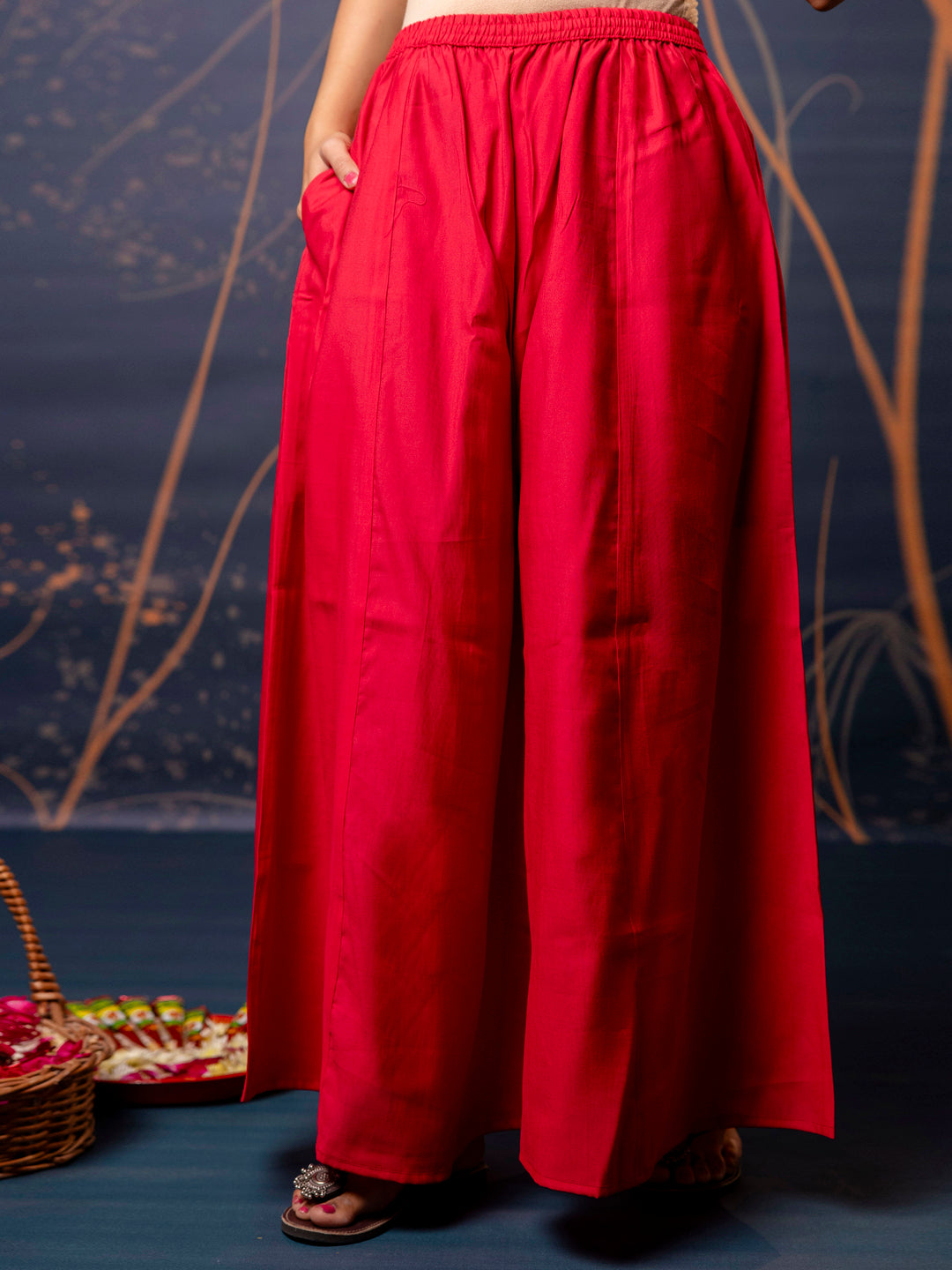 Women's Embroidered Silk Blend Calf Length Flare Kurta with Palazzo & Dupatta Set - FitVibe Fashion