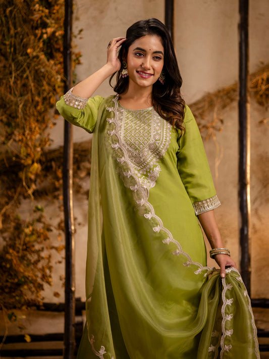 Women's Embroidered Silk Blend Calf Length Straight Kurta Trouser with Dupatta Set - FitVibe Fashion