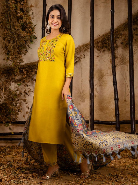 Women's Embroidered Viscose Rayon Calf Length Straight Kurta Trouser with Dupatta Set - FitVibe Fashion