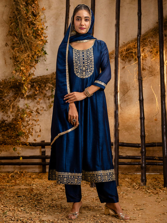 Women's Embroidered Silk Blend Anarkali Kurta Pant With Dupatta Set - FitVibe Fashion