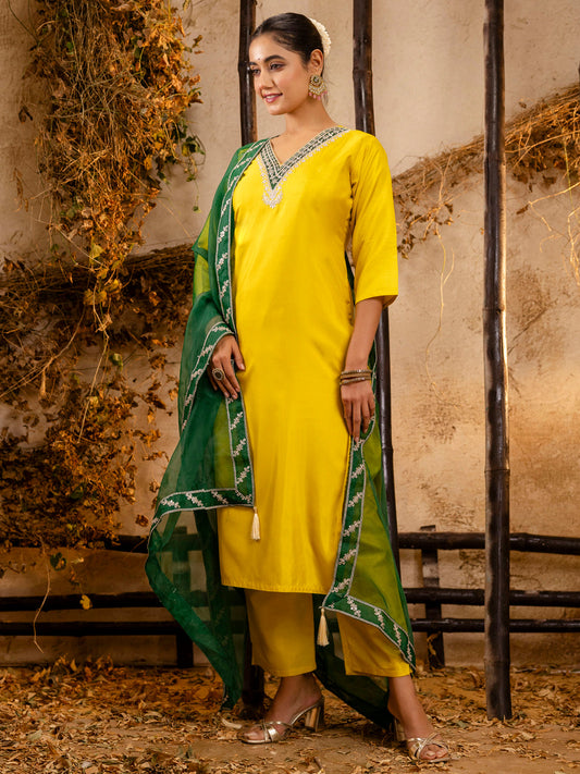 Anvi Women's Embroidered Silk Blend Calf Length Straight Kurta Trouser with Dupatta Set - FitVibe Fashion