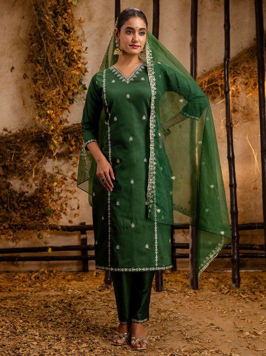 Women's Embroidered Silk Blend Calf Length Straight Kurta Trouser with Dupatta Set - FitVibe Fashion