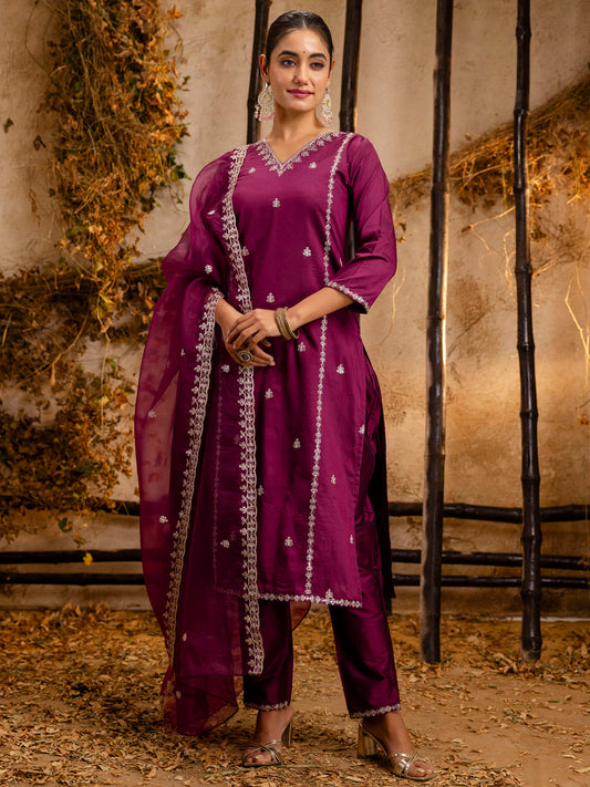 Women's Embroidered Silk Blend Calf Length Straight Kurta Trouser with Dupatta Set - FitVibe Fashion
