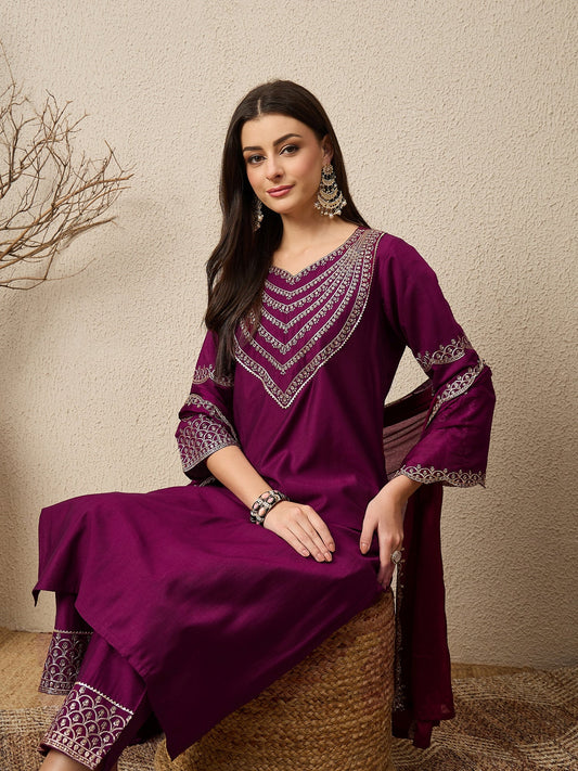 Kamya Purple Ethnic Motifs Embroidered Straight Kurta with Trousers & Dupatta - FitVibe Fashion