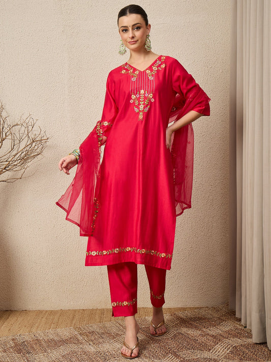 Mahima Pink Embroidered Viscose Blend Straight Suit With Dupatta - FitVibe Fashion