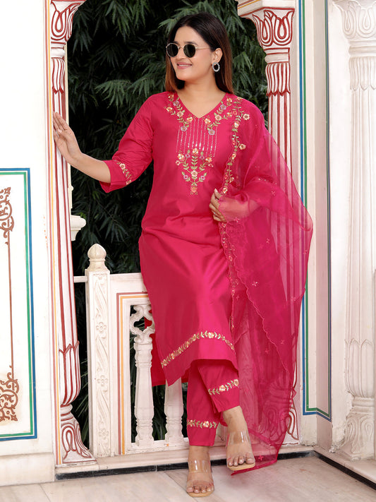 Bhagya Pink Floral Yoke Design V-Neck Sequinned Straight Kurta With Trousers & Dupatta - FitVibe Fashion
