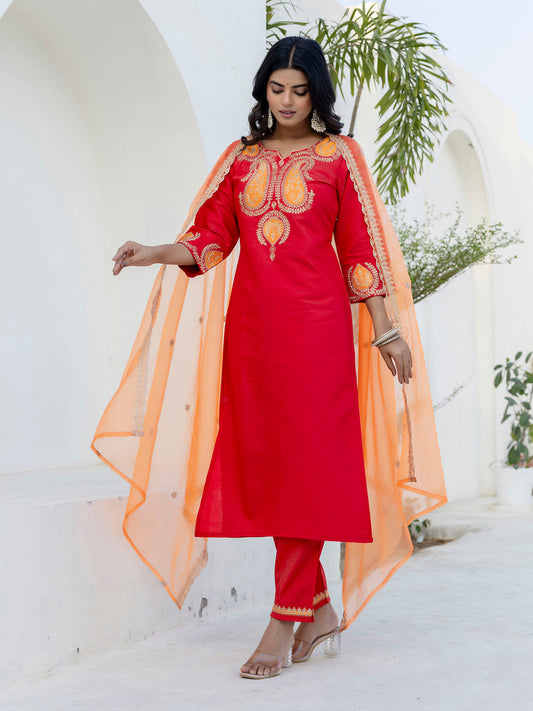 Vastra Women Kurta and Pant Dupatta Sets Viscose Rayon Fabrics with Embroidery - FitVibe Fashion