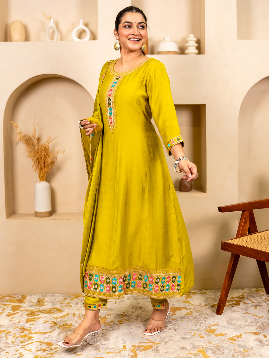Kavisha Lemon Stylish Anarkali Kurta Set Ready to Wear Soft Silk Fabric with Embroidered Dupatta Tailored Fit - FitVibe Fashion