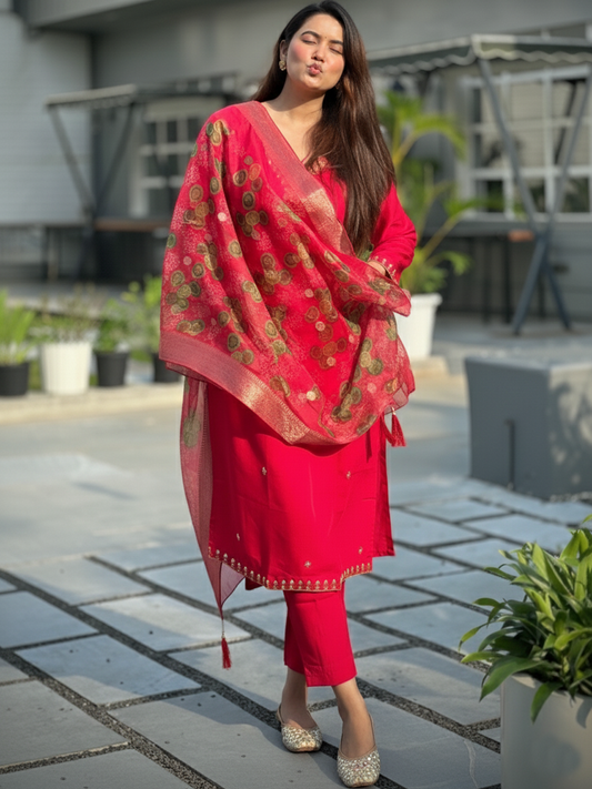 Neena Pink Embroidered Women Kurta Sets With Dupatta Straight Suits - FitVibe Fashion