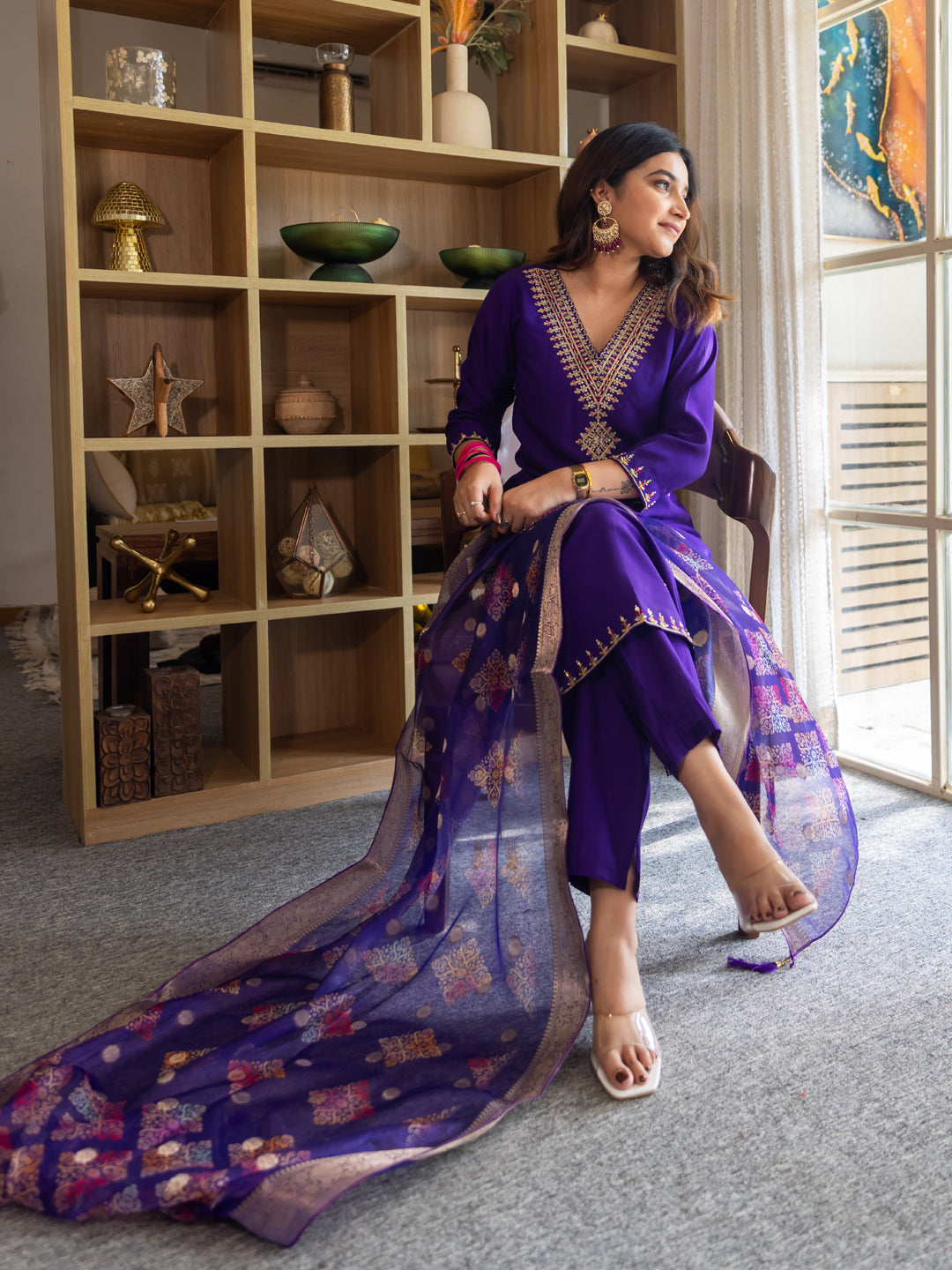 Lavanya Elegant Silk Blend Kurta Set with Beaded Embroidered Design & Organza Dupatta - FitVibe Fashion
