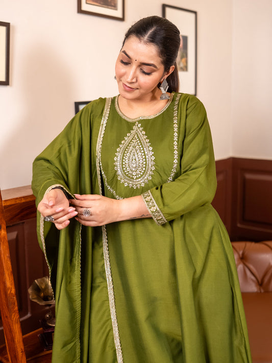 Mohar mehndi Anarkali Kurta and Pant Dupatta Set - FitVibe Fashion