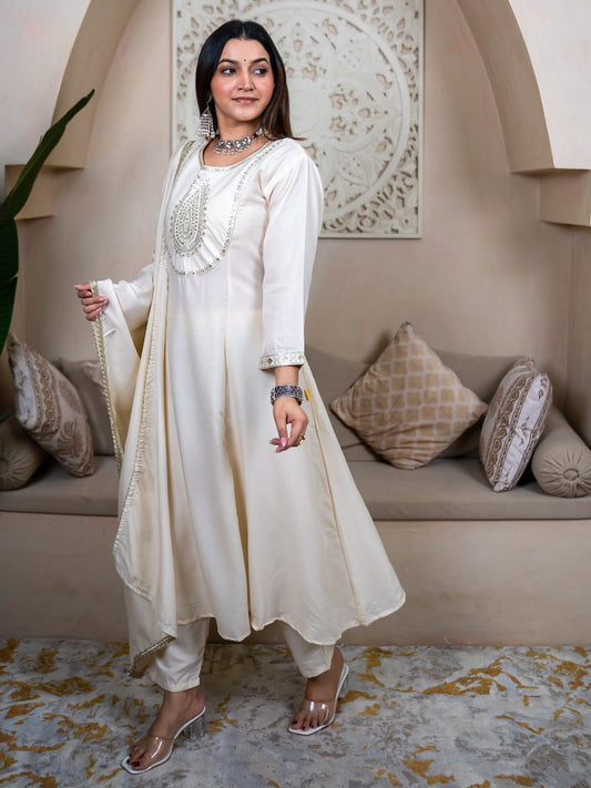 Mohar cream Anarkali Kurta and Pant Dupatta Set - FitVibe Fashion