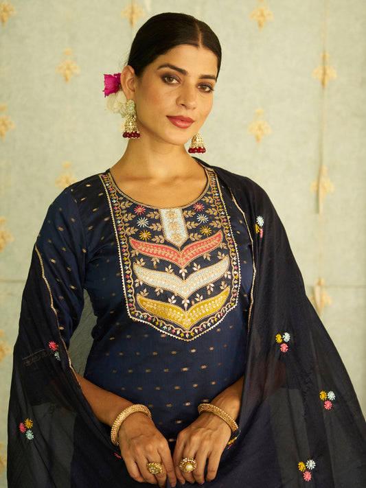 Myra Blue Embroidered Chanderi Silk Kurta Set with Embroidered Dupatta - FitVibe Fashion