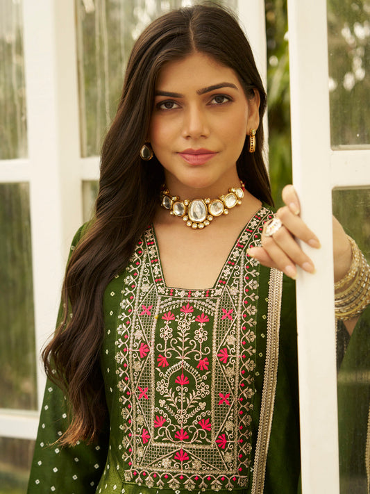 Inaaya Mehndi Embroidered Anarkali Kurta Set Suits with Silk Dupatta - FitVibe Fashion