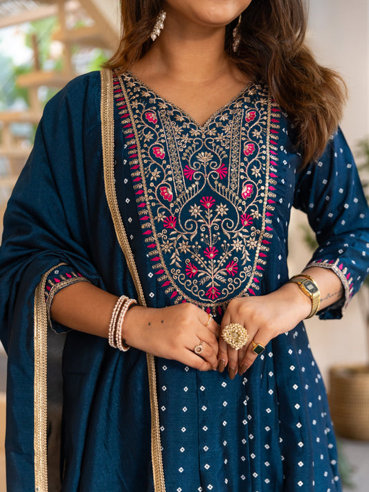 Vinita Silk Blend Anarkali Kurta Set Elegant Readymade Embroidered Fancy Neck Three Quarter Sleeves With Pant Dupatta Set - FitVibe Fashion