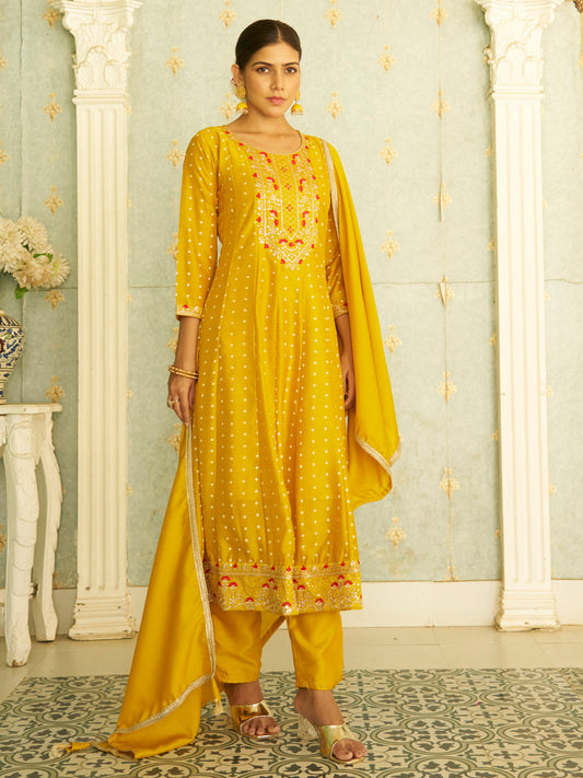 Inaaya Yellow Embroidered Anarkali Kurta Set Suits with Silk Dupatta - FitVibe Fashion