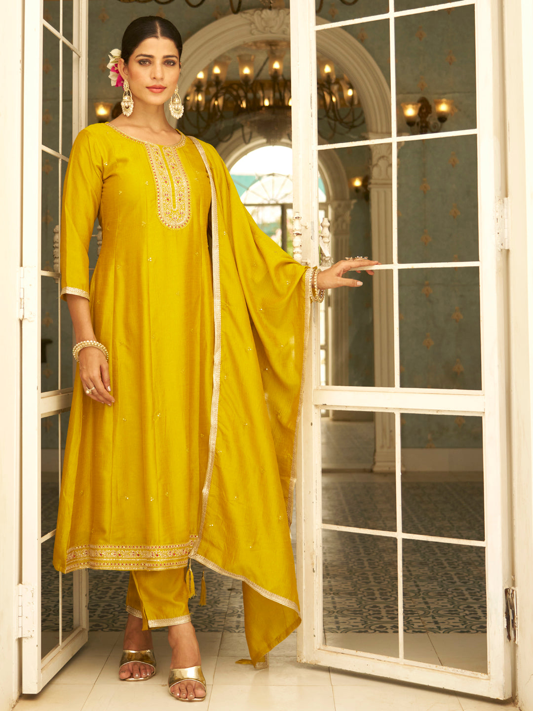 Rivaz Women Anarkali Kurta and Pant Dupatta Sets Silk Blend Fabrics with Embroidery - FitVibe Fashion