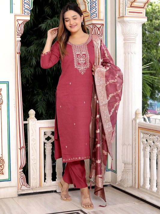 Neria Women Ethnic Motifs Embroidered Kurta with Trousers & Dupatta - FitVibe Fashion