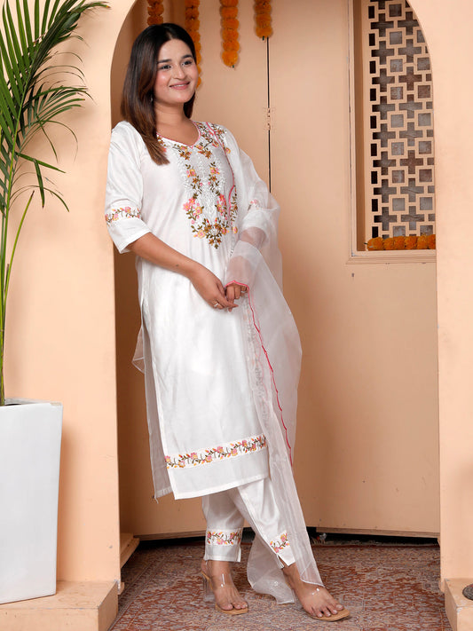 Pravya White Viscose Rayon Kurta with Trousers & Dupatta Suits - FitVibe Fashion