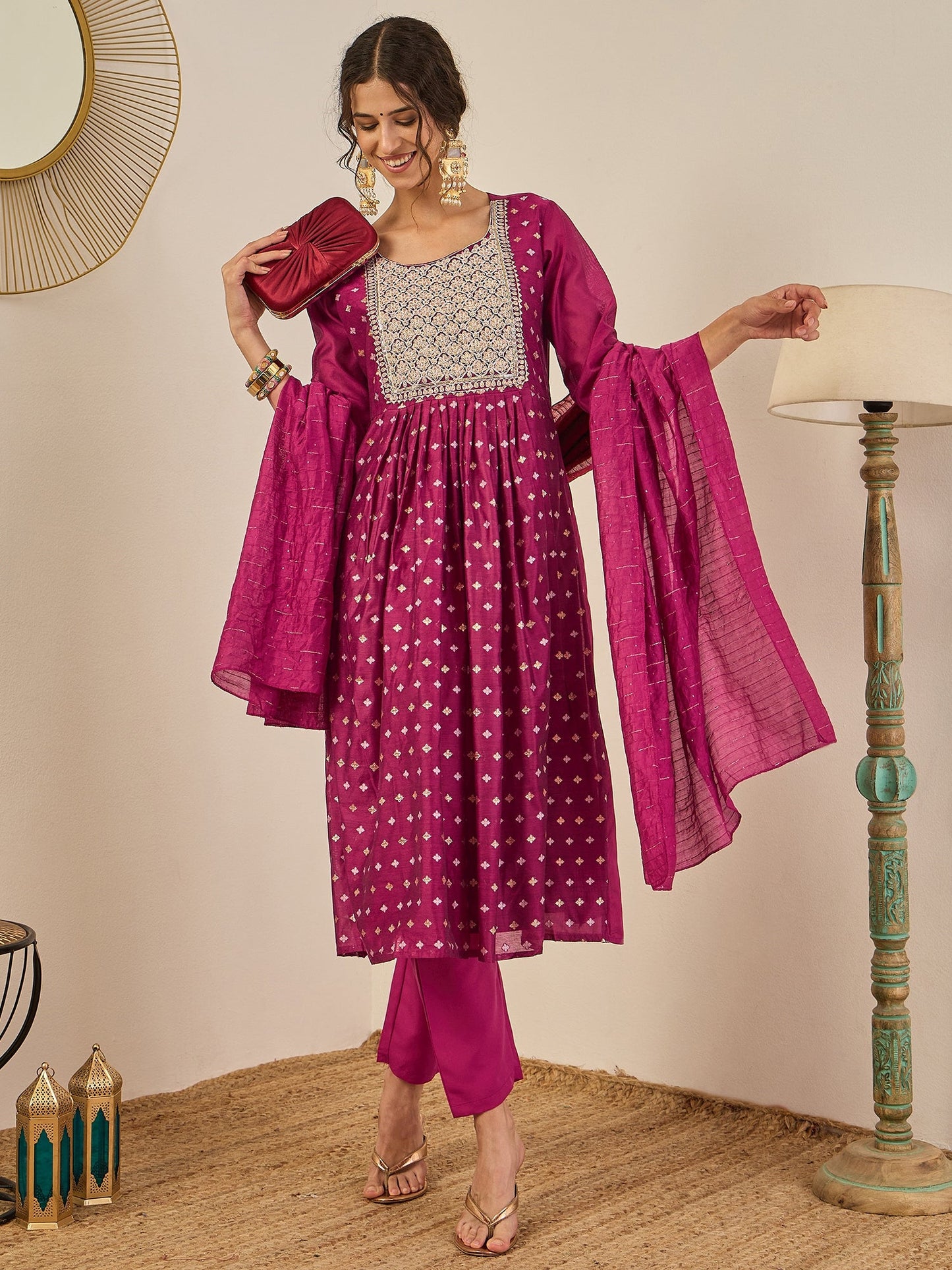 Phool Embroidered Chanderi Purple Suit Set with Dupatta Ethnic Sets - FitVibe Fashion