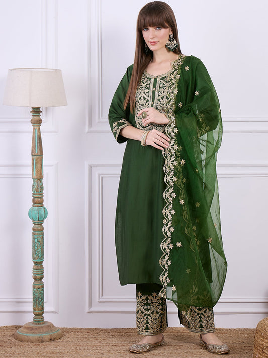 Heer Green Floral Embroidered Thread Work Kurta with Palazzo & Dupatta Suits - FitVibe Fashion
