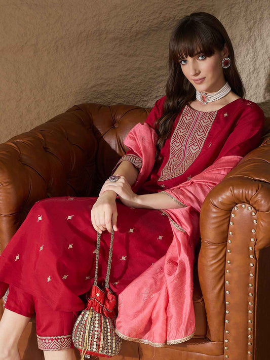 Aarohi red Women Kurta and Pant Sets Silk Blend Fabric