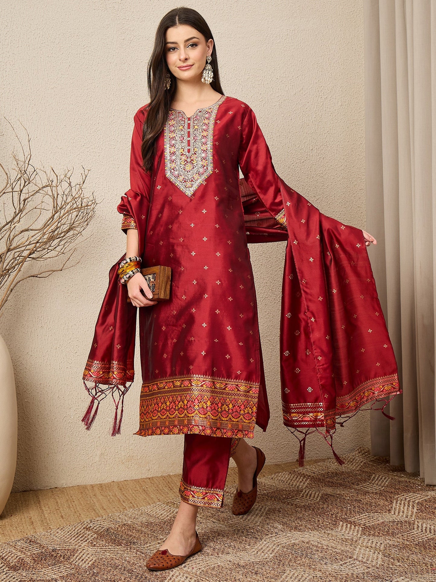 Kahani Women Maroon Yoke Design Silk Blend Straight Suit With Dupatta - FitVibe Fashion