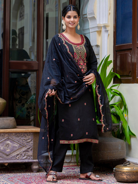 Women's Embroidered Silk Blend Calf Length Straight Kurta Trouser with Dupatta Set - FitVibe Fashion